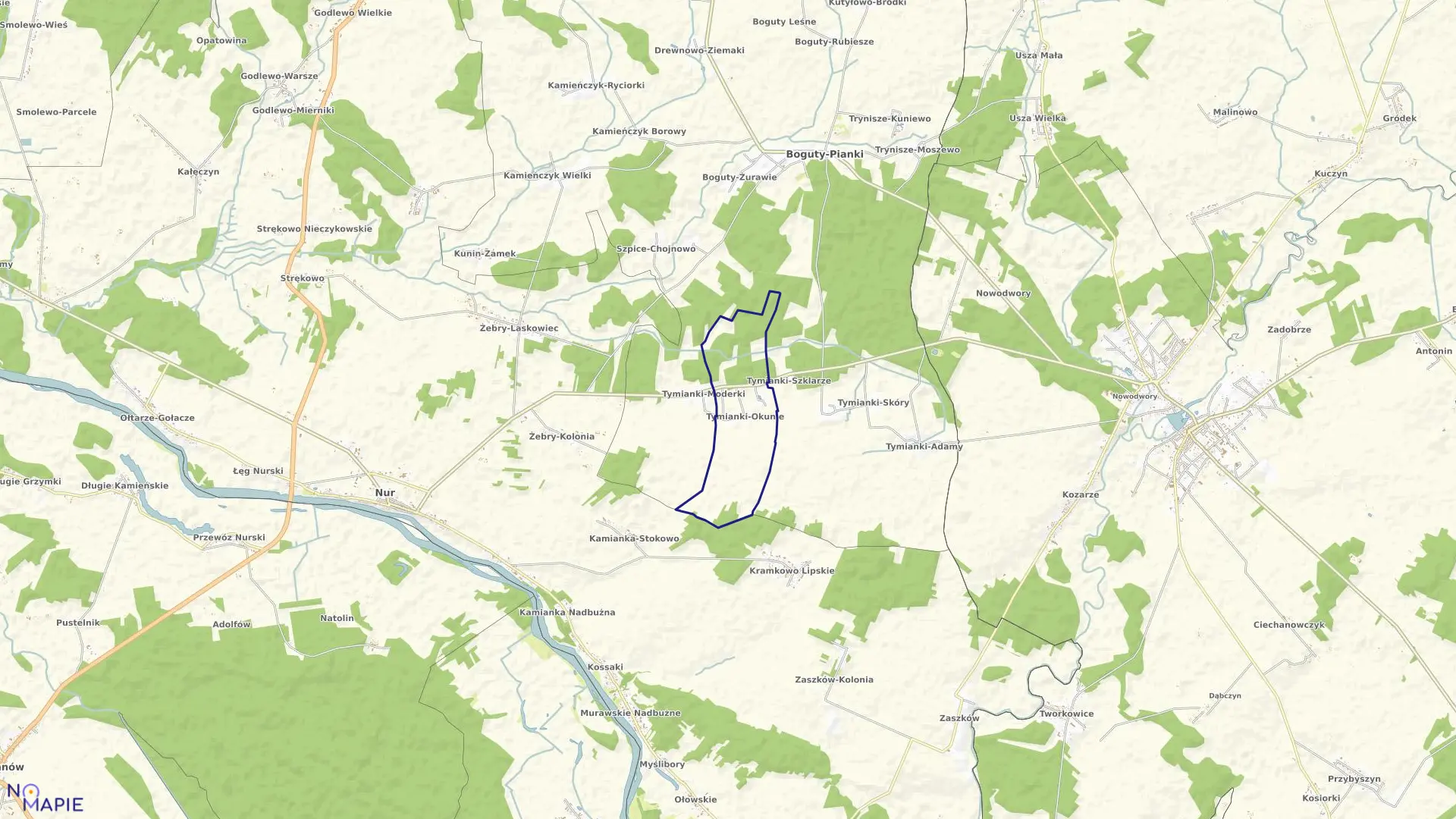 Mapa obrębu Tymianki-Okunie w gminie Boguty-Pianki