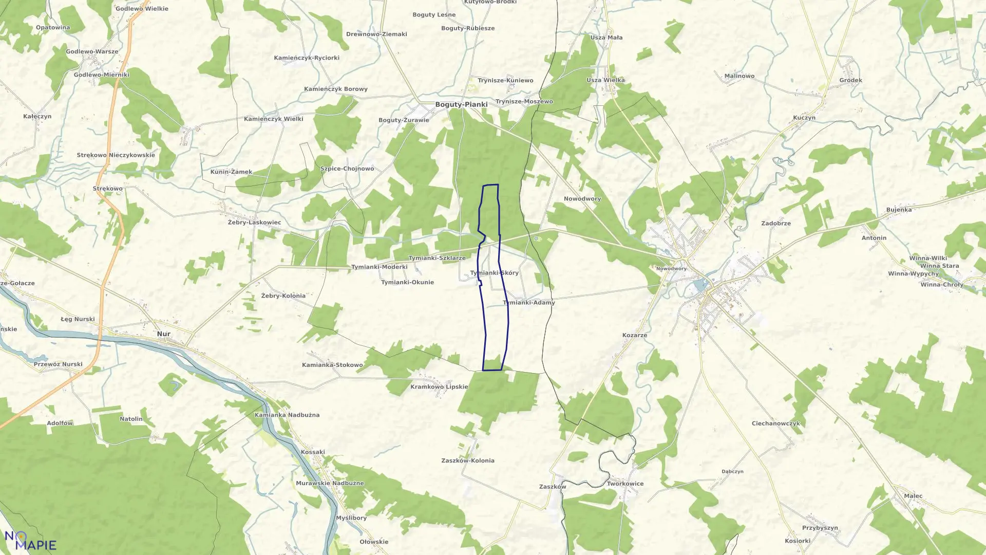 Mapa obrębu Tymianki-Skóry w gminie Boguty-Pianki